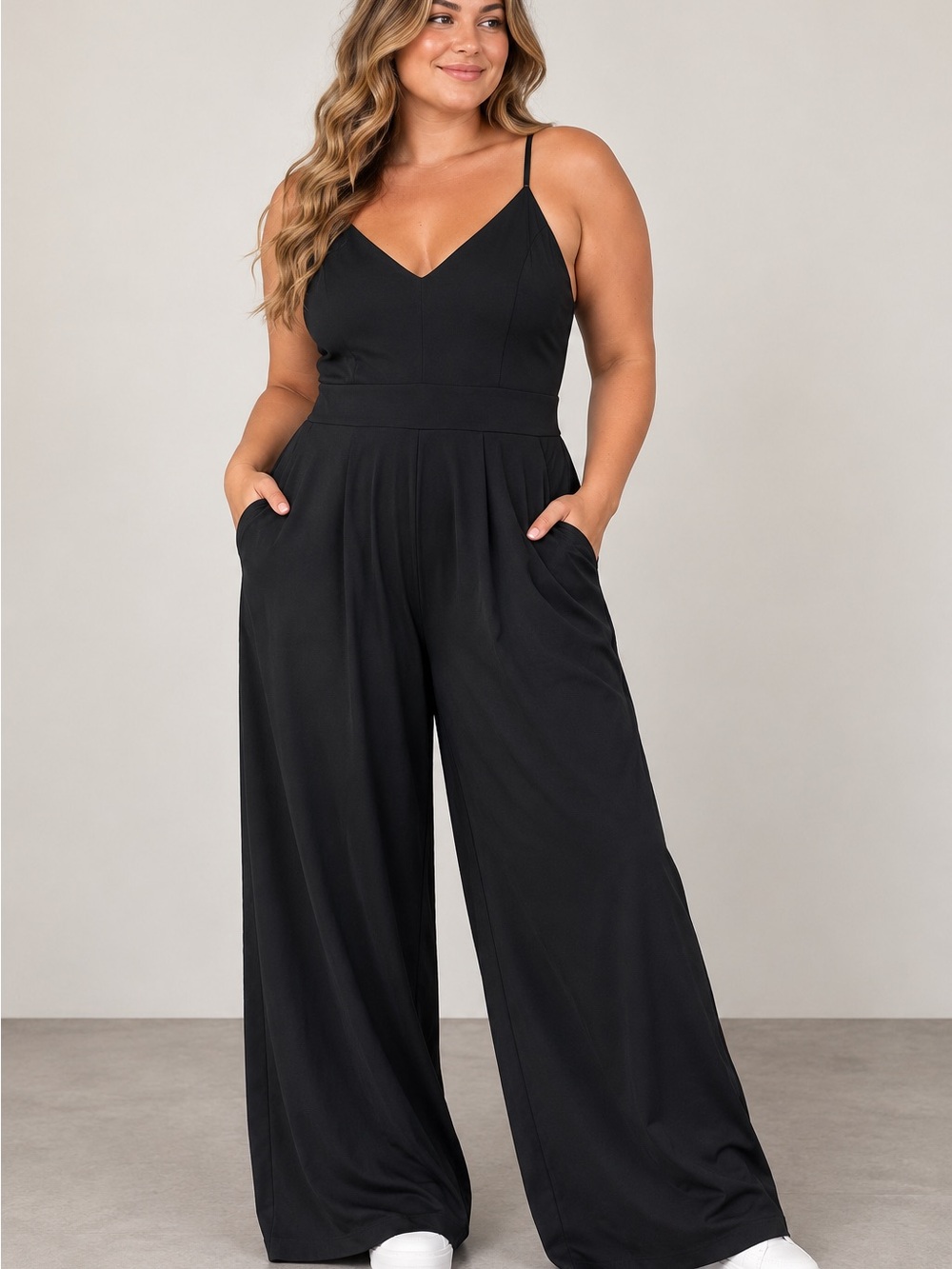 HALARA Black V-Neck Wide-Leg Spaghetti Strap Jumpsuit